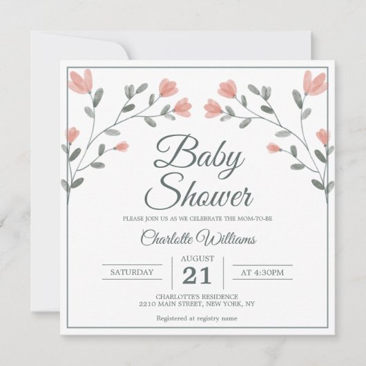 Invitation Baby shower Fleurs délicates Rose & Sage Vert (Devant)