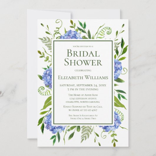 Invitation Baby Shower Fleurs d'Hydrange Bleues (Devant)