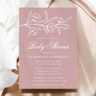Invitation Baby Shower Fleurs Esquissées Rose Poussiéreux