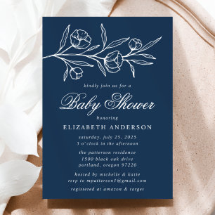 Invitation Baby Shower Fleurs Esquissees sur Fond Bleu Marine