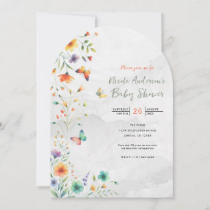 Invitation Baby shower Fleurs Papillon Aquarelle Colorée