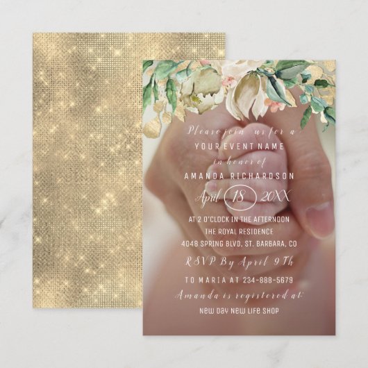 Invitation Baby shower Fleurs photo Brunch Mint Green (Devant / Derrière)