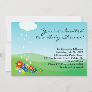 Invitation baby shower, Fleurs primaires et pluie