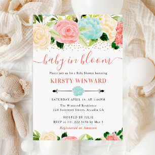 Invitation Baby Shower Fleurs Rose et Menthe Aquarelle