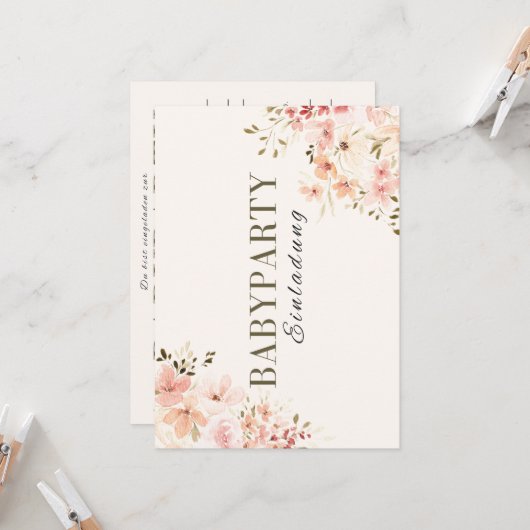 Invitation Baby Shower – Fleurs Roses Baby Shower (Devant/Arrière en situation)