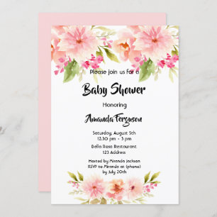 Invitation Baby shower fleurs roses fille blanche