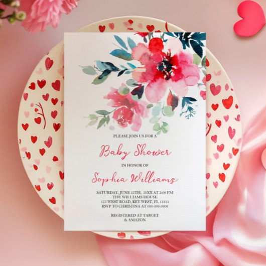 Invitation Baby shower Fleurs rouges