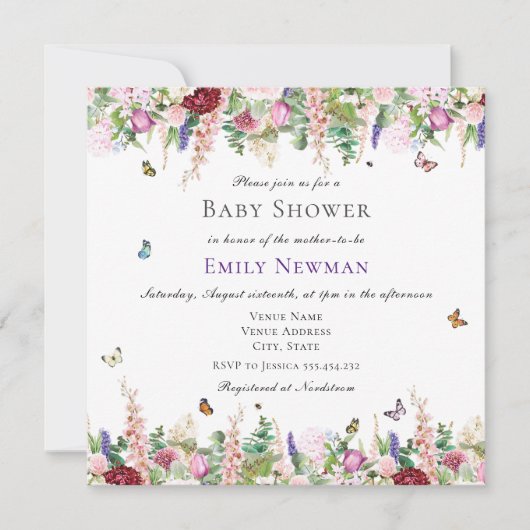 Invitation Baby shower Fleurs sauvages et papillons d'aquarel (Devant)