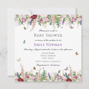 Invitation Baby shower Fleurs sauvages et papillons d'aquarel
