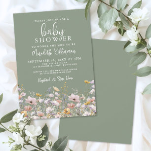 Invitation Baby Shower Fleurs Sauvages Vert Sauge