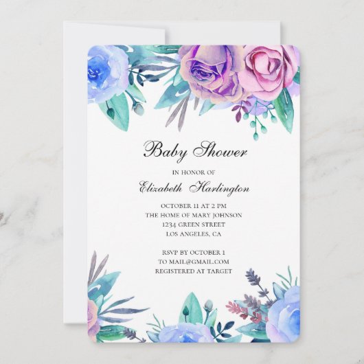 invitation baby shower. Fleurs violettes et bleues (Devant)