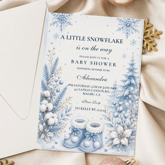 Invitation Baby Shower Flocon de Neige Bleu