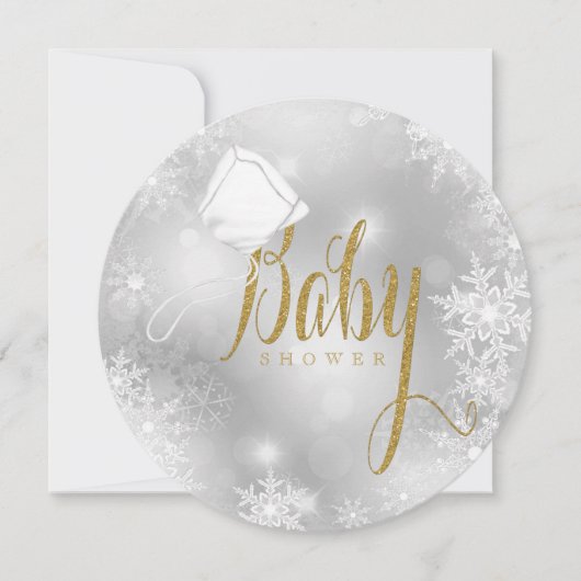 Invitation Baby Shower Flocon de Neige Élégant Blanc et Or (Devant)