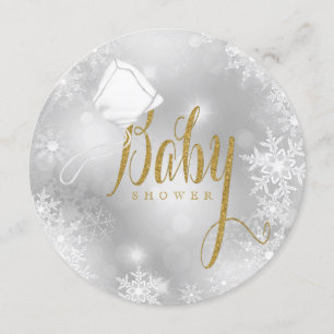 Invitation Baby Shower Flocon de Neige Élégant Blanc et Or