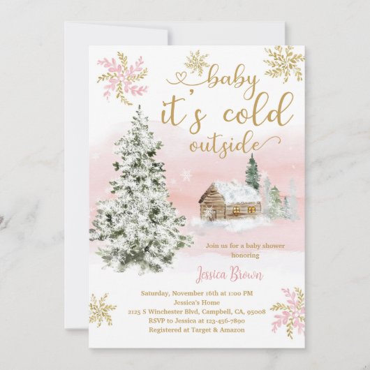Invitation Baby Shower Flocon de Neige Rose (Devant)