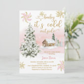 Invitation Baby Shower Flocon de Neige Rose (Debout devant)