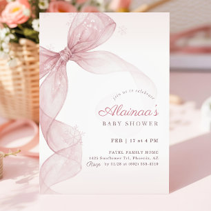 Invitation Baby Shower Flocon de Neige Ruban Rose Aquarelle