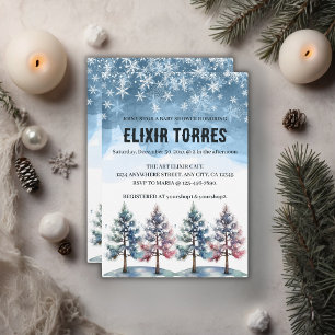 Invitation Baby Shower Flocons de neige et pins de la forêt h