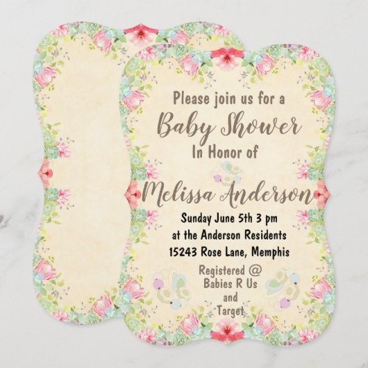 Invitation Baby shower floral (Devant / Derrière)