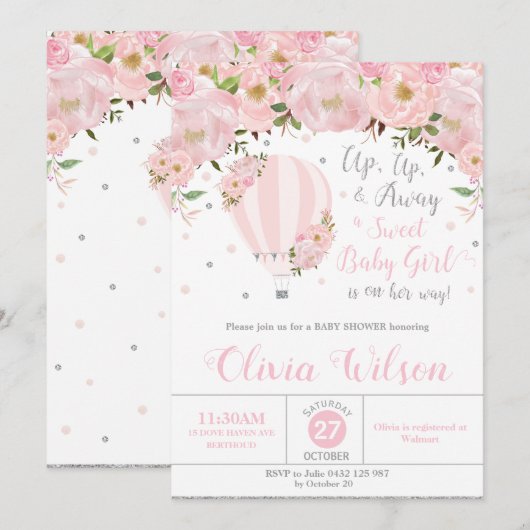 Invitation Baby shower floral à air chaud Girl Silver (Devant / Derrière)