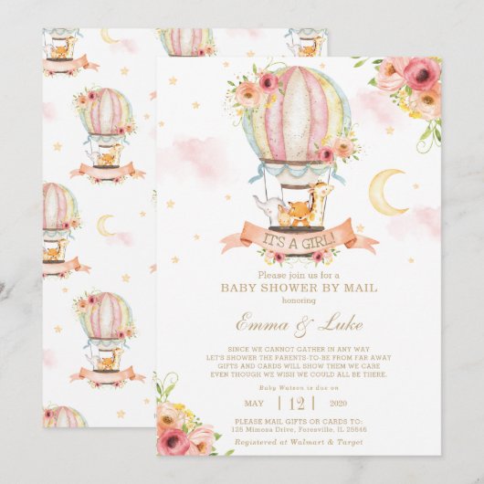 Invitation Baby shower floral à air chaud par Mail Animaux (Devant / Derrière)