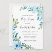 Invitation Baby shower floral à aquarelle bleue (Devant)