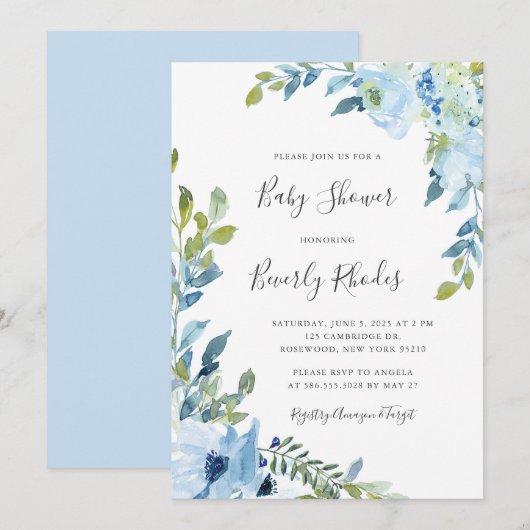 Invitation Baby shower floral à aquarelle bleue (Devant / Derrière)