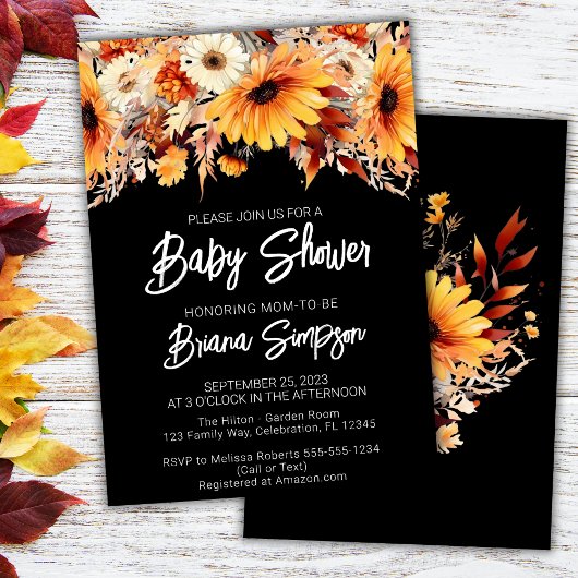 Invitation Baby shower floral à automne noir