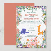 Invitation Baby shower floral à bulle de girafe d'éléphant mi (Devant / Derrière)