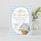 Invitation Baby Shower Floral à Carreaux Coquette Bleu de Pri (Debout devant)