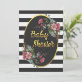 Invitation Baby shower floral à huile d'or noir blanc rayures (Debout devant)