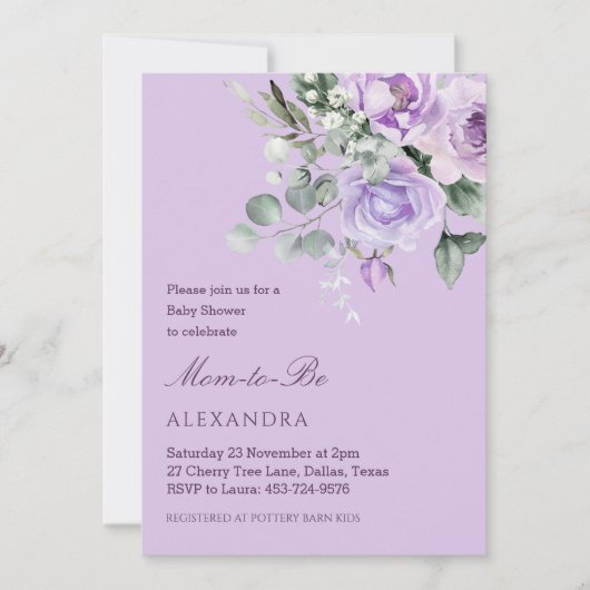 Invitation Baby shower floral à l'aquarelle de lavande (Devant)