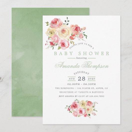 Invitation Baby shower floral à l'aquarelle rousse et de sabl (Devant / Derrière)