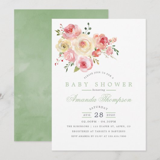 Invitation Baby shower floral à l'aquarelle rousse et de sabl (Devant / Derrière)