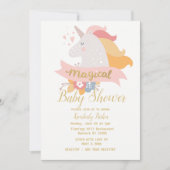 Invitation Baby shower floral à licorne d'or rose blanc (Devant)