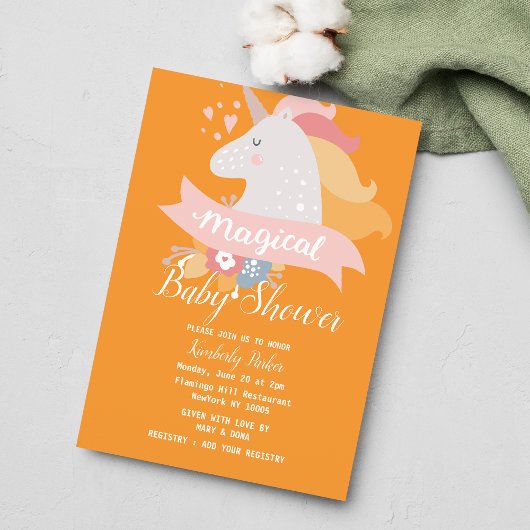 Invitation Baby shower floral à licorne rose orange