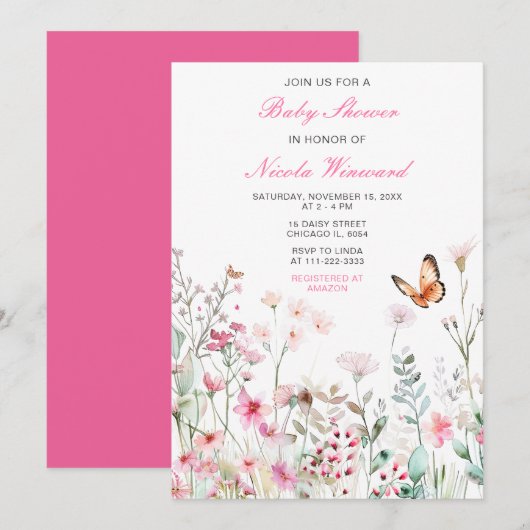 Invitation Baby shower floral à papillon rose profond du prin (Devant / Derrière)
