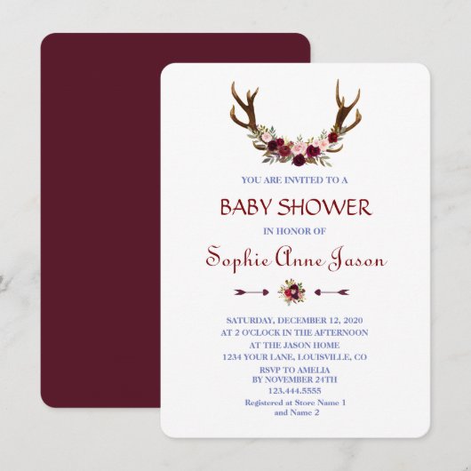 Invitation Baby shower Floral Antlers de Bourgogne (Devant / Derrière)