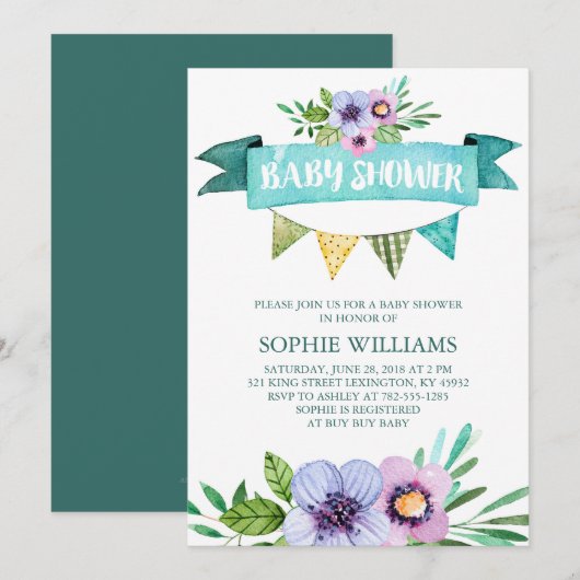 Invitation Baby shower Floral Aqua Watercolor (Devant / Derrière)