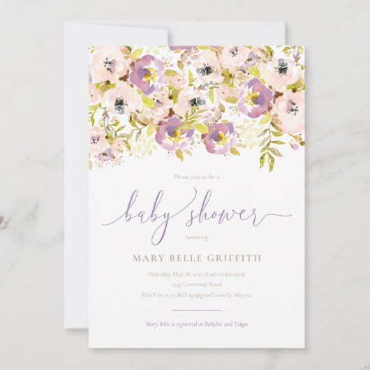 Invitation Baby shower Floral Aquarelle (Devant)