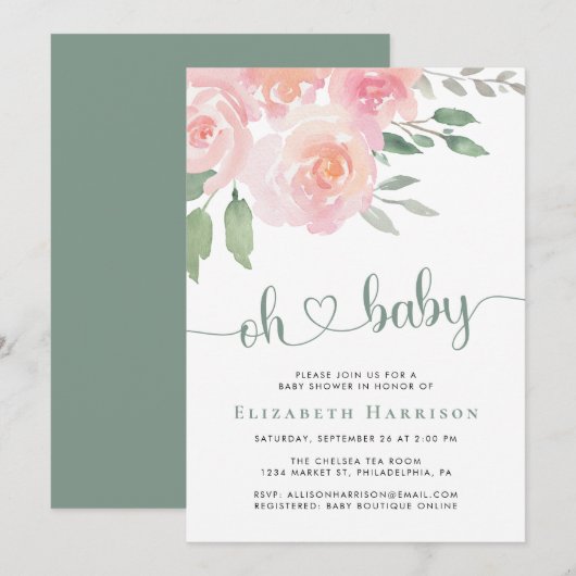 Invitation Baby shower Floral Aquarelle (Devant / Derrière)