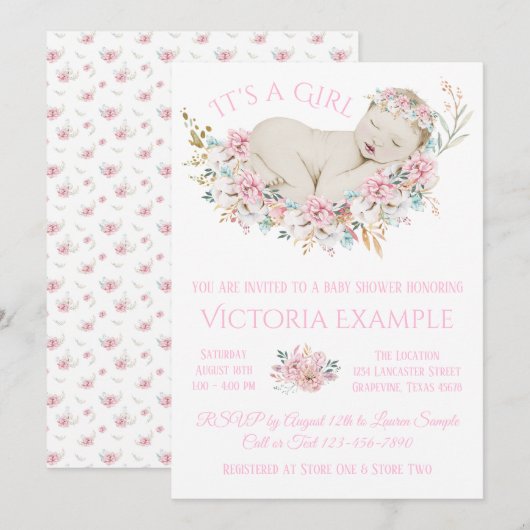 Invitation Baby shower Floral Aquarelle Filles (Devant / Derrière)