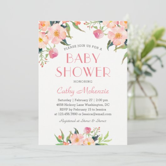 Invitation Baby Shower Floral Aquarelle Rose Élégant (Debout devant)