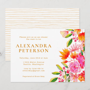 Invitation Baby Shower Floral Aquarelle Rose et Orange