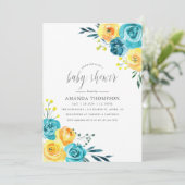 Invitation Baby Shower Floral Aquarelle Turquoise et Jaune (Debout devant)