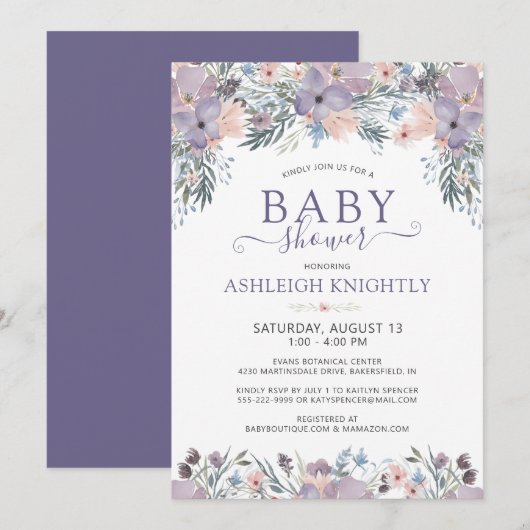 Invitation Baby shower floral aquarelle violet (Devant / Derrière)