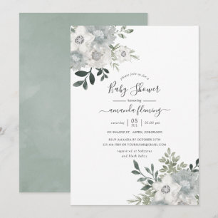 Invitation Baby Shower Floral Argenté à l'aquarelle Sage