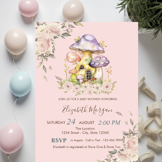 Invitation Baby shower Floral aux Champignons mignons