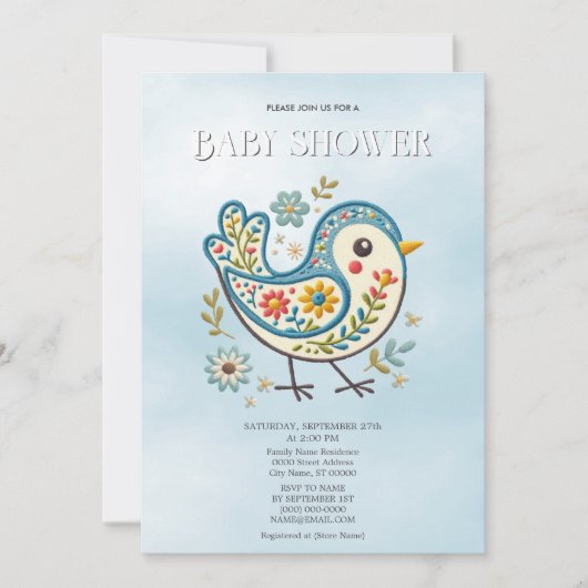 Invitation Baby shower Floral aux oiseaux bleus (Devant)