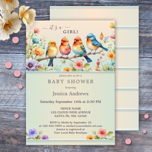 Invitation Baby shower Floral aux oiseaux de Cute Pastel